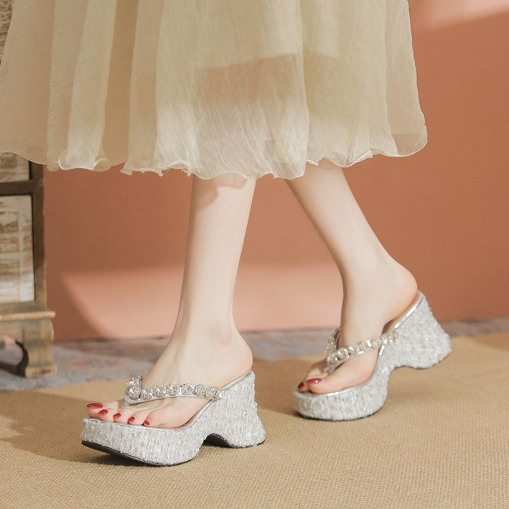 Flip Flops Damen Plateau Keilsandaletten Damen Sommer Draußen Neu Mittelhoch Absatz Strass Pailletten Fischgräten Sandalen