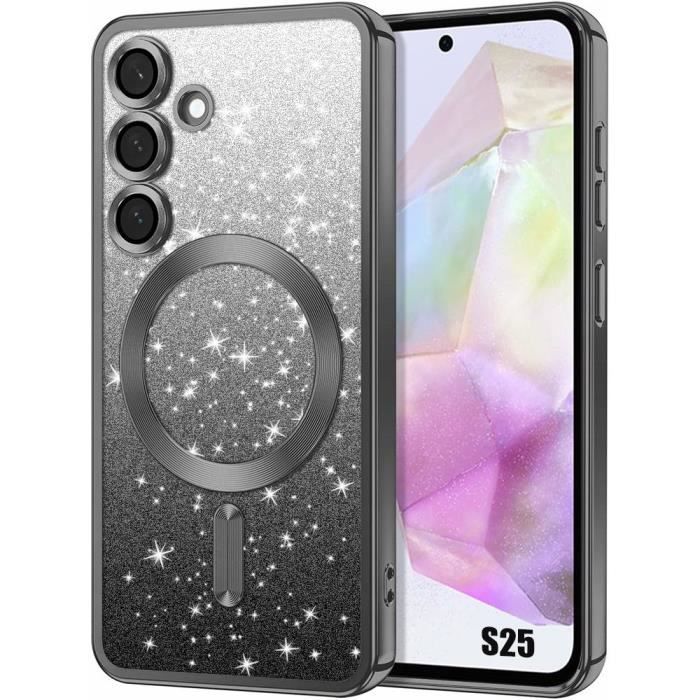 Coque pour Samsung Galaxy S25 avec Cercle Magnétique - Protection Silicone Effet Scintillant Noir