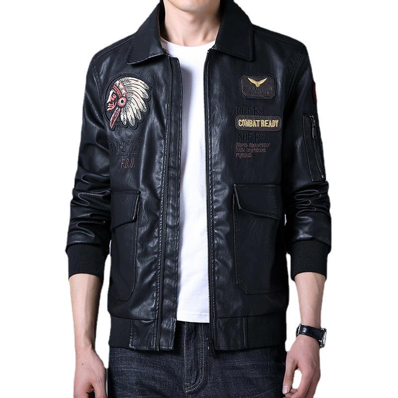 [] Autumn and winter new embroidered men's leather jacket lapel Air Force PU leather motorcycle jacket men's tide