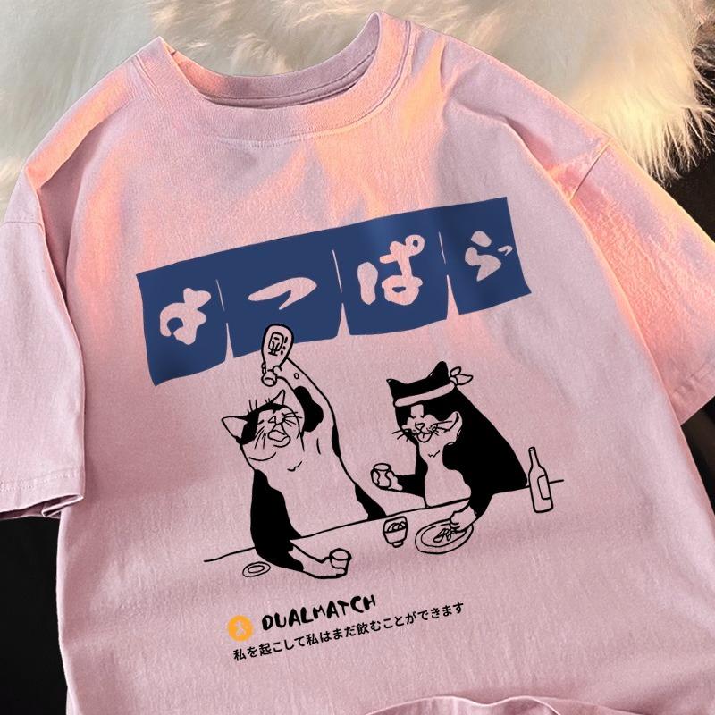Harajuku Japanese Cat Drinking Tops Mens Fashion O-Neck T-Shirt Street Summer Oversized Clothing Cotton Tshirts