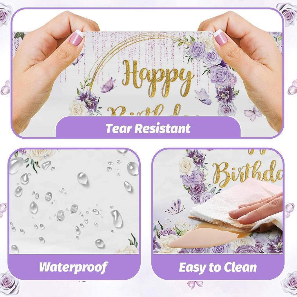 MEHOFOND 3pcs Purple Happy Birthday Tablecloths for Girls, 108x54“ Pastel Violet Floral Dripping Glitter Bday Disposable Table Cover,Spring Flowers