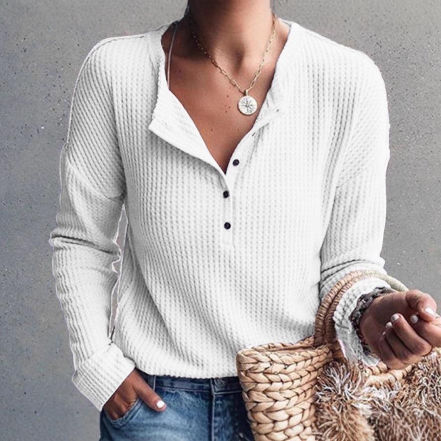 

2025 Осень Европейский и американский стиль Женский однотонный однобортный вафельный топ с длинным рукавом S белый