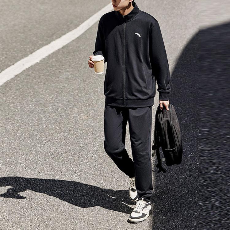 Anta Training Series Solid Color Zipper Fleece Jacket And Long Pants Casual Sports Set Men sets Basic-Black 952357202-3