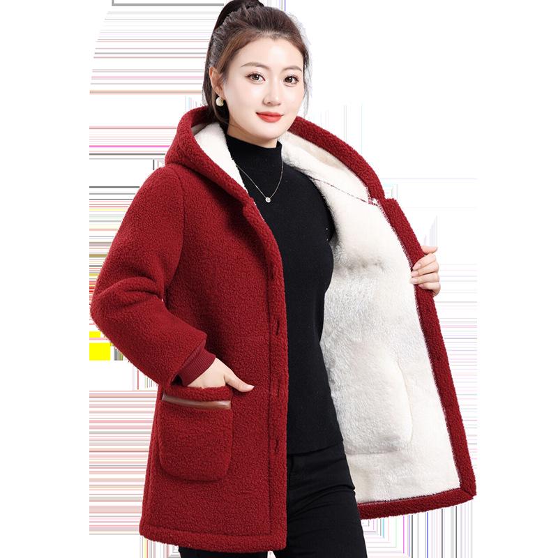 Mom's Winter Wear Fleece-Lined Lambswool Hooded Coat for Middle-Aged & Elderly Women