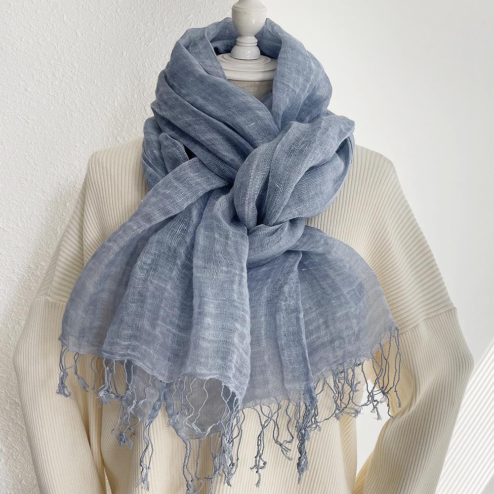 Bufanda de Lino para Mujer - Chal Ligero de Algodón y Lino de Color Sólido con Borlas, Estilo Bosque Artístico, Protección Solar, Moda Japonesa Coreana.