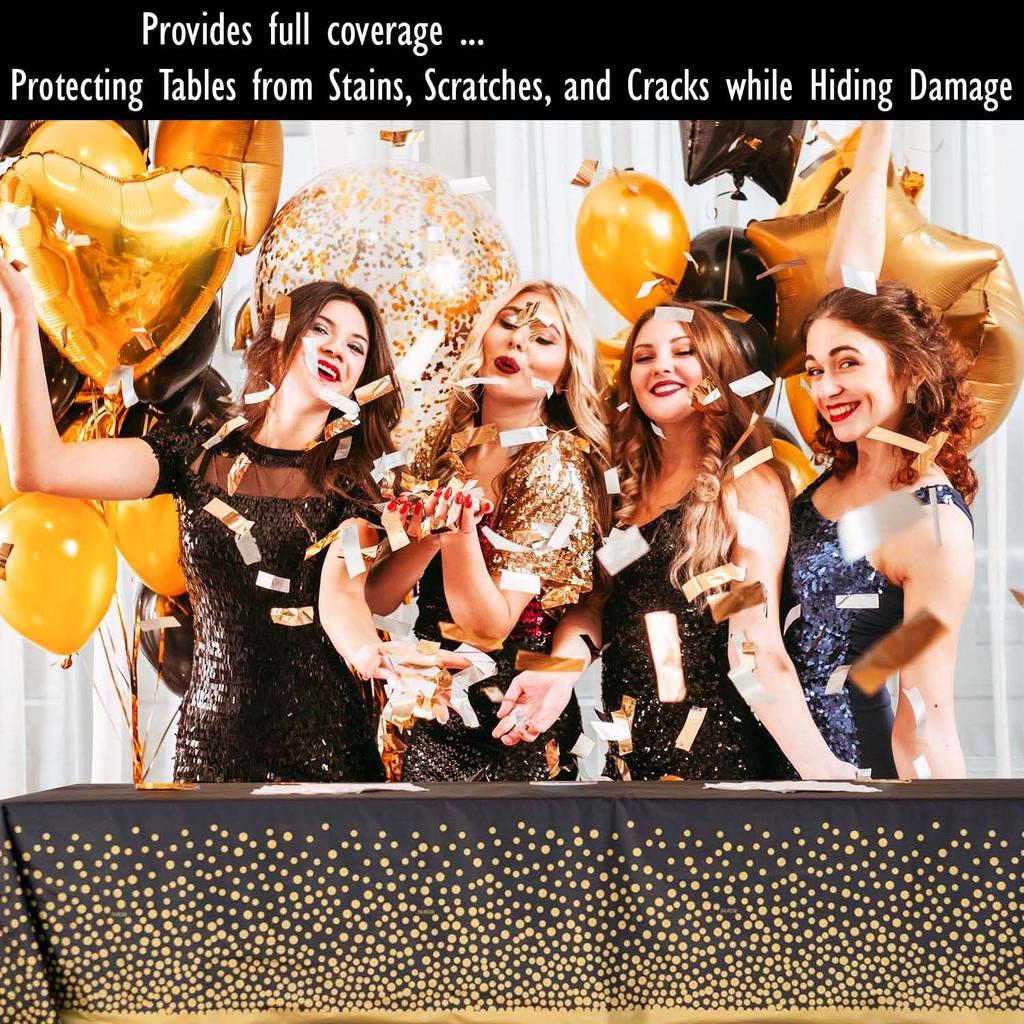 2 Pack Premium Black and Gold Plastic Tablecloths – Thick, Durable, Reble Table Covers (54 x 108 in) – Disposable Party Tablecloths for Birthday,