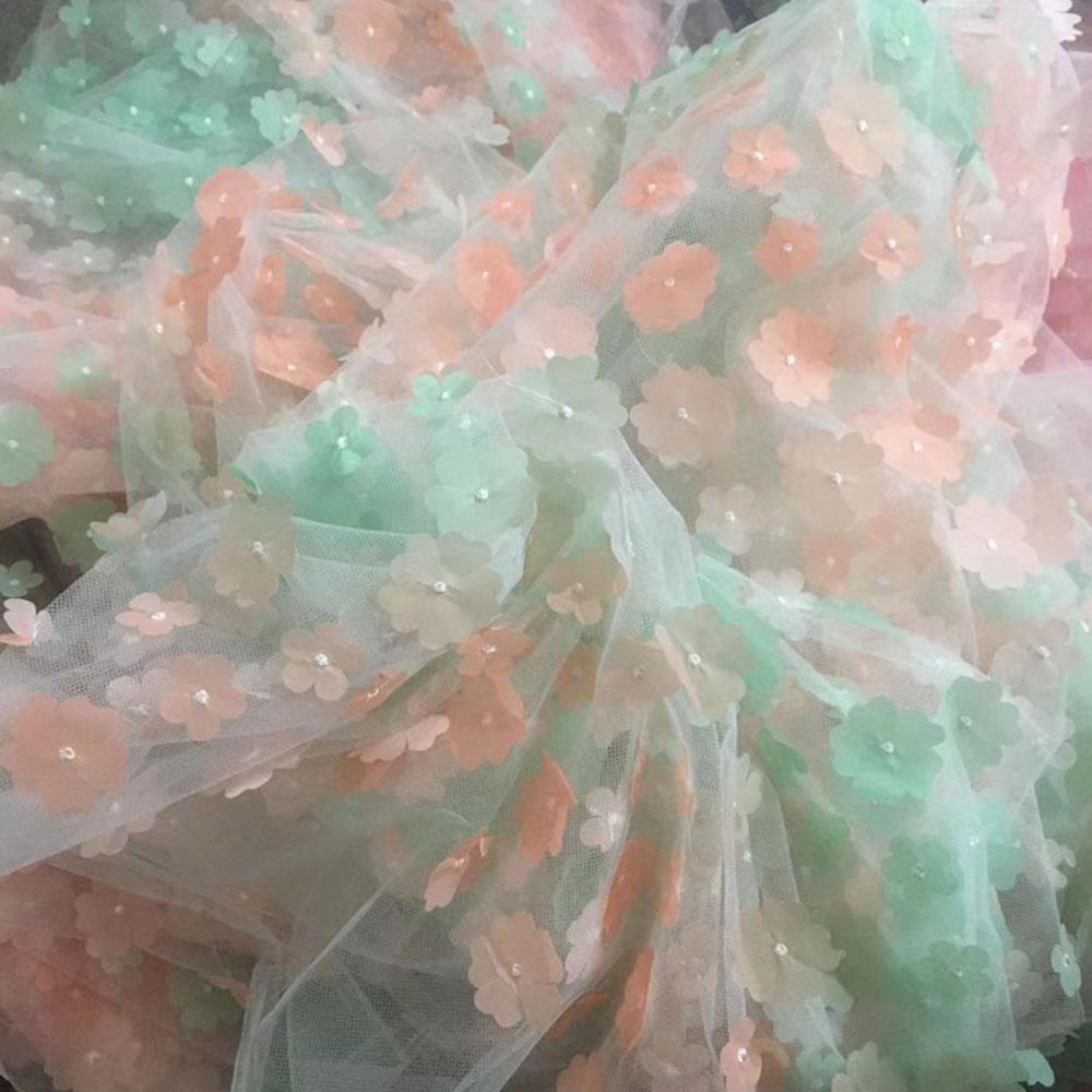 1Yard Rainbow Color 3D Bead Applique Gradient Flowers Mesh Lace Fabric For Girls Summer Clothing Princess Dress Sewing Materials