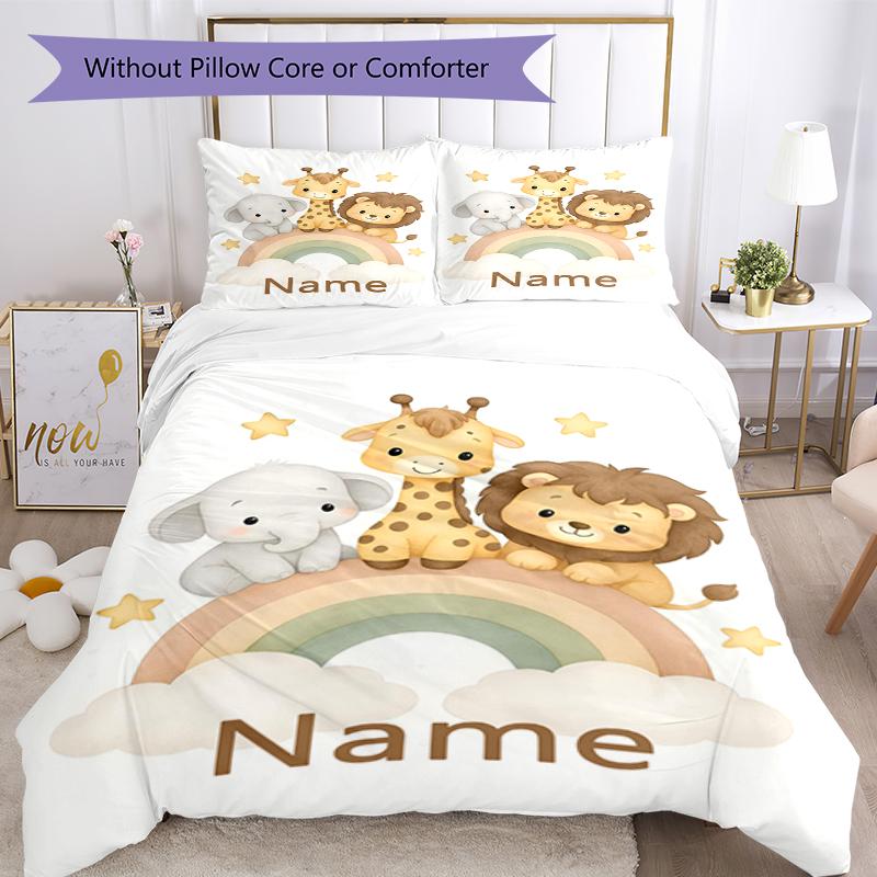 3pcs Custom Name Animals Bedding Set Duvet Cover Closure Includes 1 Duvet Cover & 2 Pillowcases, Soft and Comfortable for All Seasons.