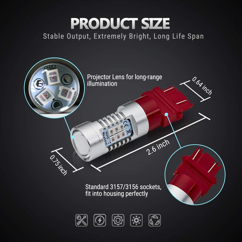 Antline Extremely Bright 3157 3156 3156A 3057 4057 4157 3057LL 3457 3157K 21-SMD 1260 Lumens LED Bulb Replacement Brilliant Red For Car Brake Tail