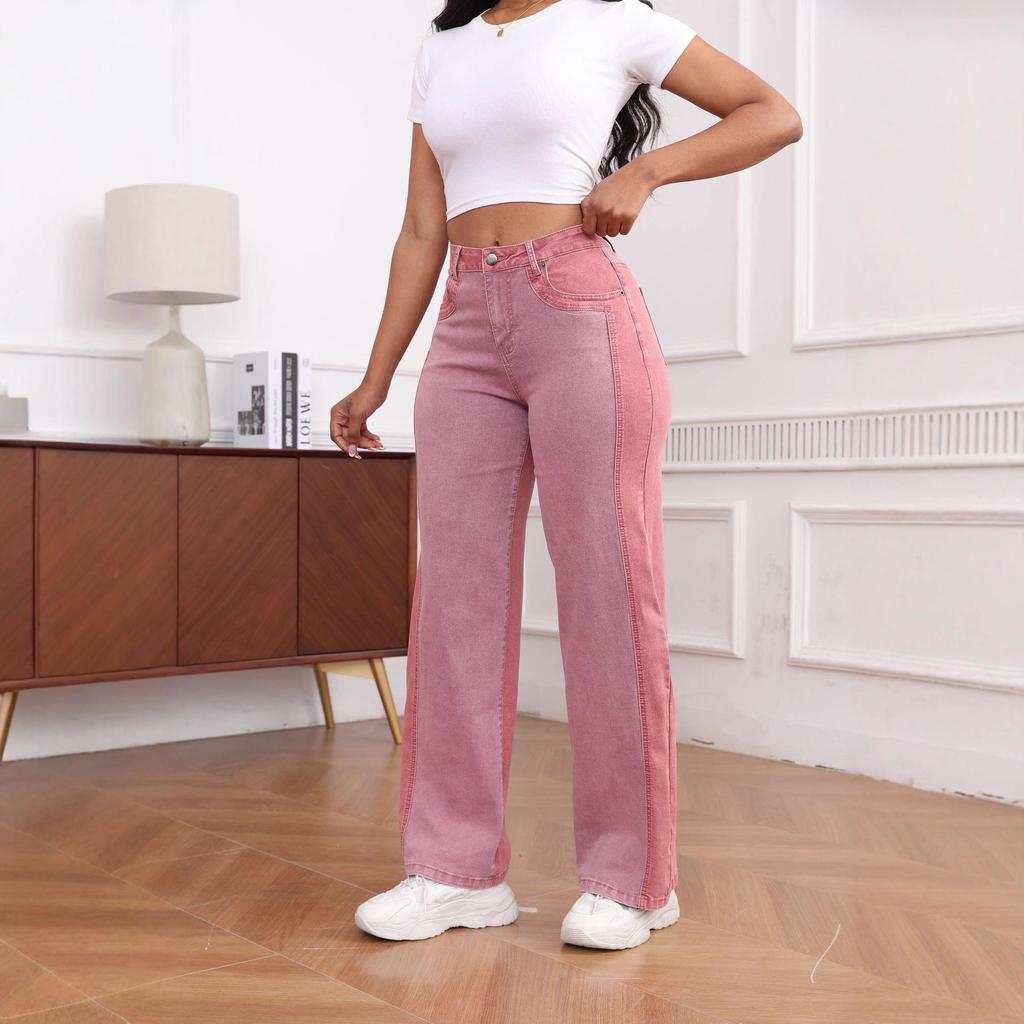 Elastic Contrast Color Washed Wide-Leg Denim Pants