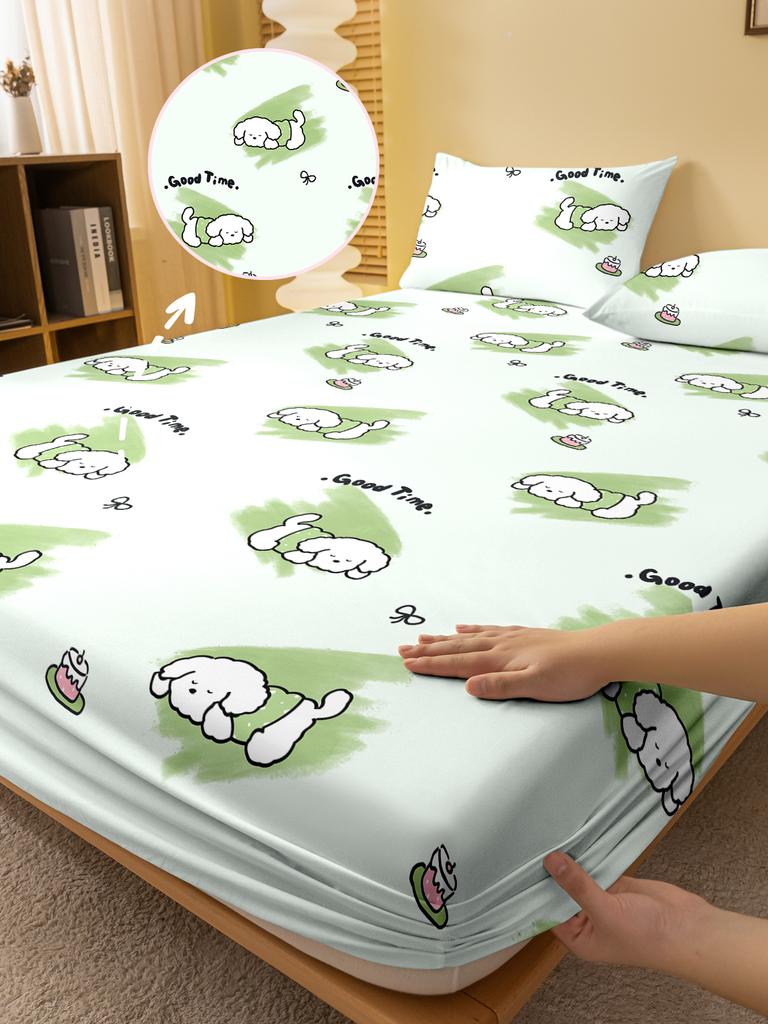 1 Cartoon Cute Animal Dog Printed Matte Fitted Sheet, Bedroom Printed Bed Cover, Bedding (Excluding Pillowcases)