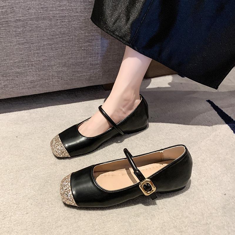 Rhinestone Silver Single Shoes Female Autumn Mary Jane Soft Sole One Word with Sequins Light Mouth Fairy Temperament Single Shoes