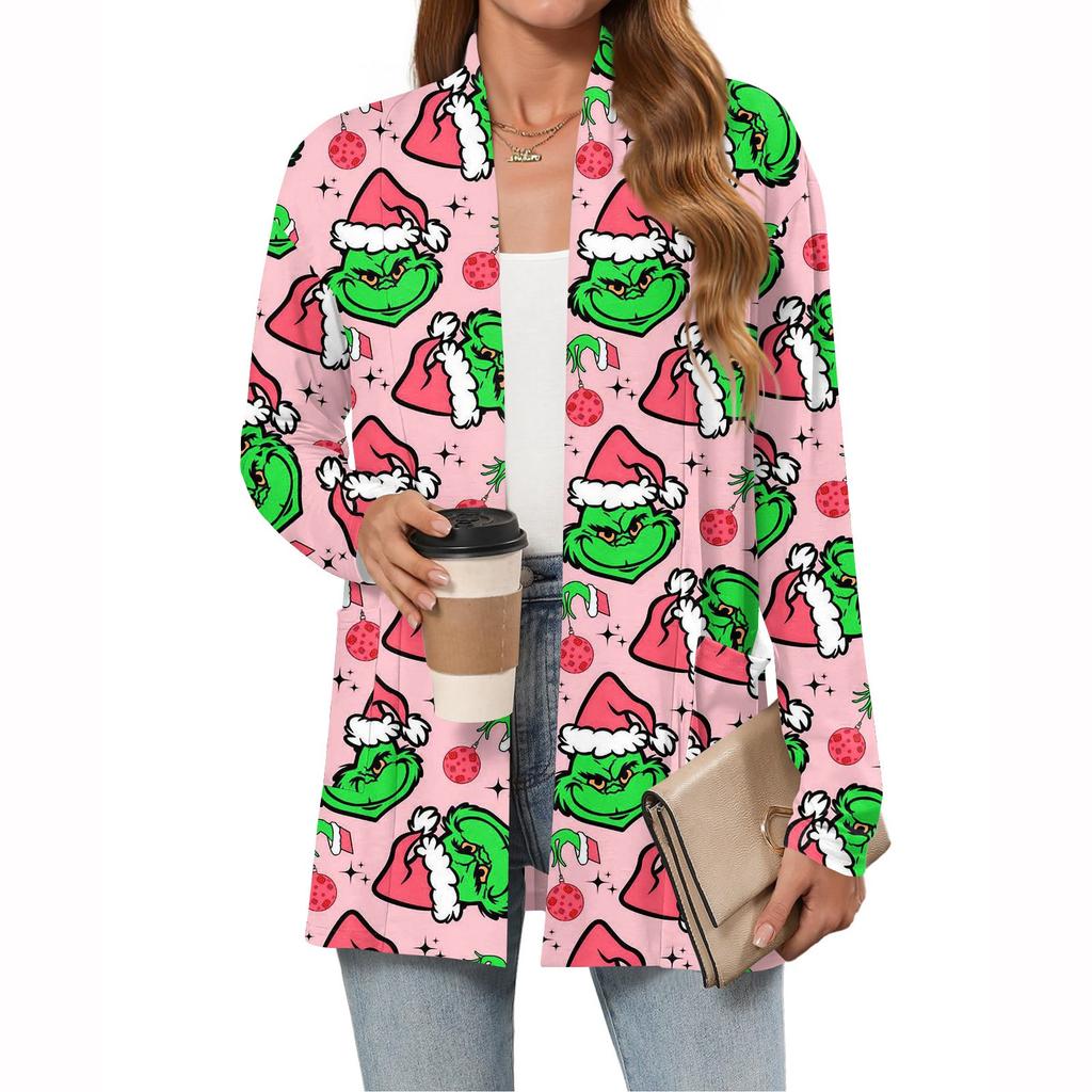 Damen Weihnachten Bedruckter Leichter Cardigan Langärmlig Lässig Locker Dünne Passform Mit Taschen Cardigan Jacke