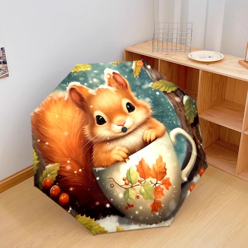 1 PC Automatic Folding Umbrella - Squirrel and Hedgehog Pattern, Portable & Foldable Design with 8 Ribs, Christmas Birthday Gifts