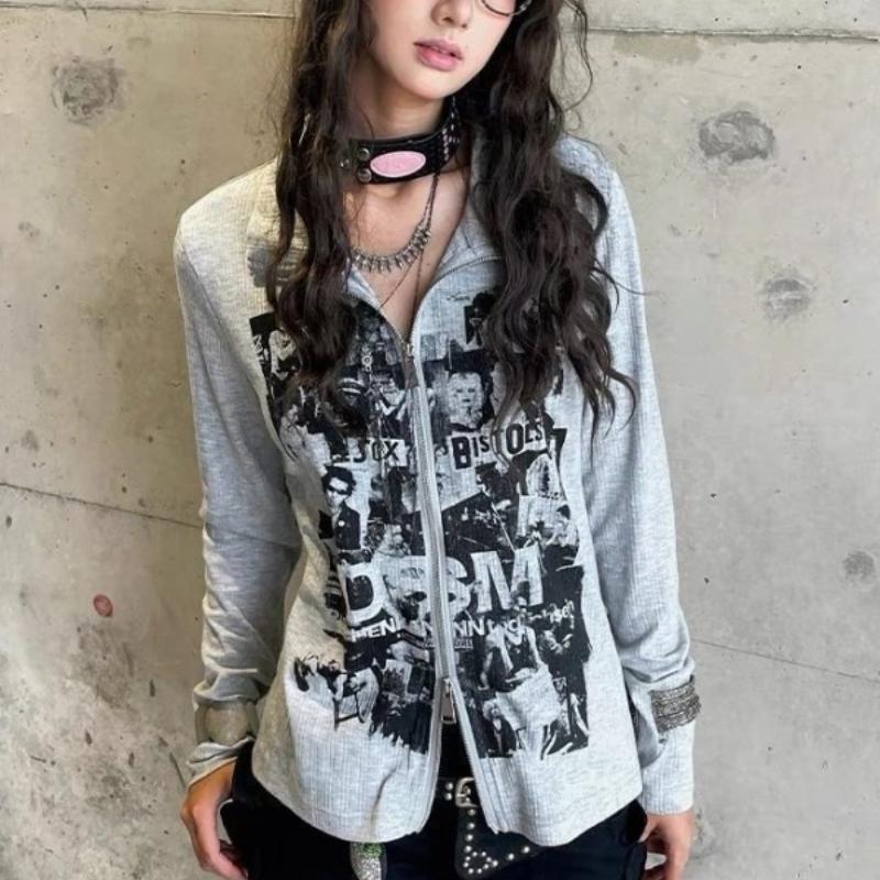 Sexy Women T-shirts Zipper Printed Design Long Style Girls Y2K Tops Fashion Lady Tshirt