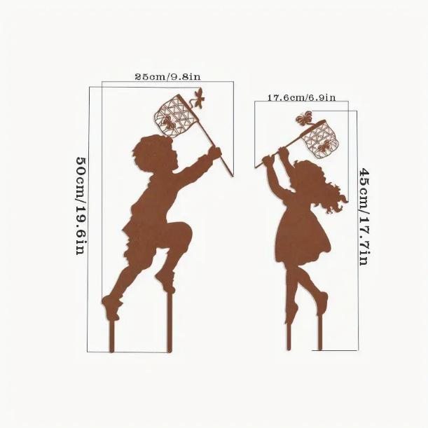 Outdoor Farmhouse Metal Silhouette Decoration - Small Boy and Girl Ornament