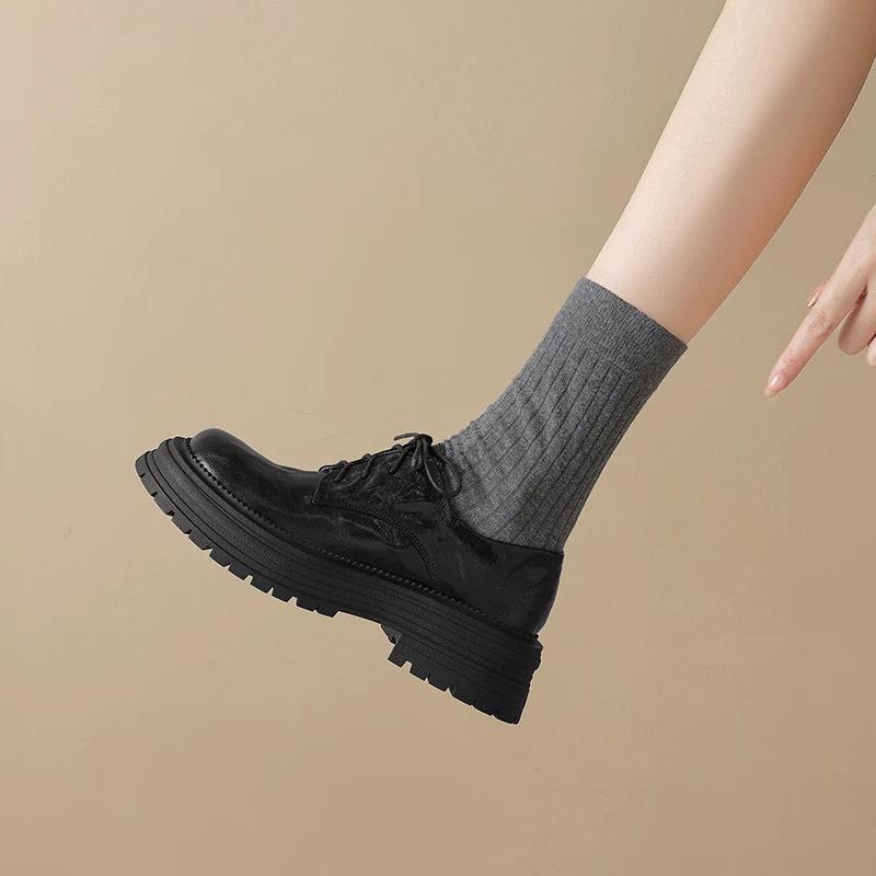 2025 New Black Leather Single Shoes Women's Spring and Summer Platform Versatile British Style Loafers Lace-up Small Leather Shoes
