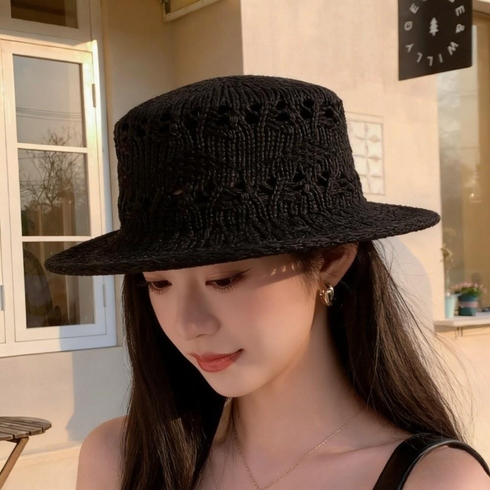

Versatile Style Breathable Straw Hat Wide Brim Hollow Out Hat Gift Knitted Flat Top Hat Springtime чорний