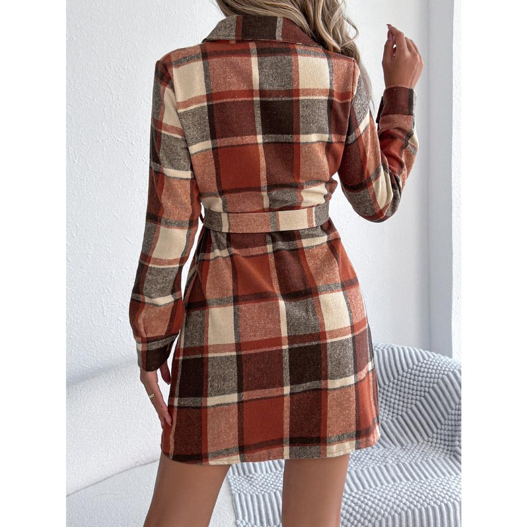 HNXC Autumn and Winter Casual Checkered Fake Pocket Long-sleeved Lace-up Woolen Shirt Dress for Women Dress