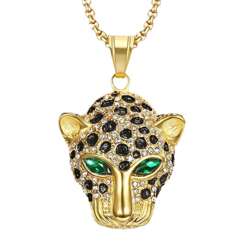 Bijoux Hip-hop Européens et Américains Collier Pendentif Tête de Léopard Yeux Rouges et Verts