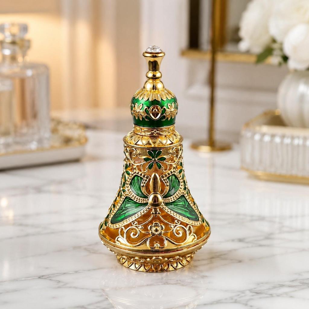 Polished Ornate Glass Perfume Bottle with Metal Decoration Antique Vintage
