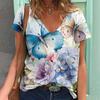 Women'S Plus Size V-Neck T-Shirt, Cartoon Cat Print, Medium Stretch,Regular Length - European and American Fashion New Arrivals