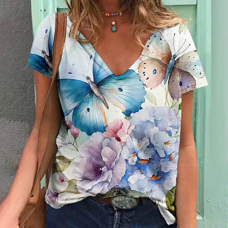 Women'S Plus Size V-Neck T-Shirt, Cartoon Cat Print, Medium Stretch,Regular Length - European and American Fashion New Arrivals