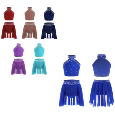 Meisjes Glanzende Strass Dansoutfit Halter Nek Mouwloos Rugloos Kruisrug Vest met Geplooide Irreguliere Rok