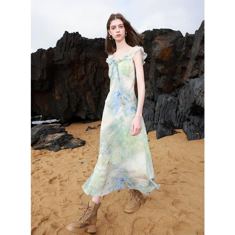 Sancai 2025 Summer V-Neck Ruffle Chiffon Maxi Dress