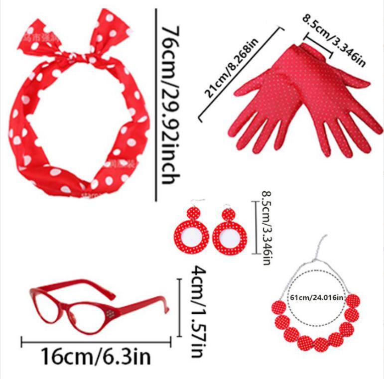 PESENAR 50s Retro Housewife Costume Accessory Set with Red Polka Dot Headband, Gloves, Earrings and Glasses