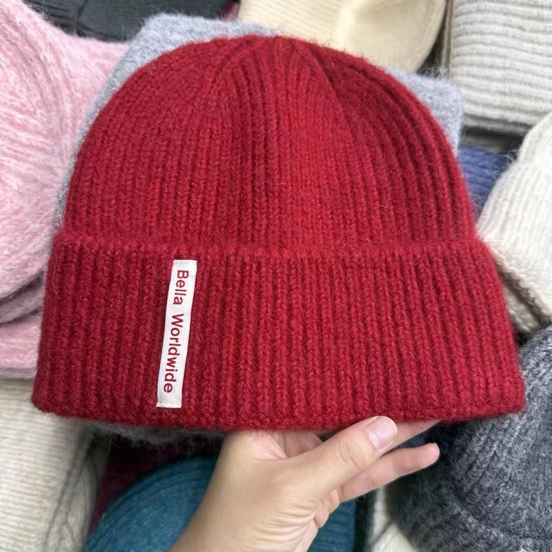 Personalized Contrasting Color Cloth Label Thin Wool Hat Women's Autumn and Winter Warm Plush Versatile Knitted Hat Age-reducing Cold Hat Trendy Hat