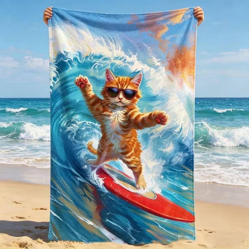 Boho Floral Cat Beach Towel Sand Free Quick Dry Blanket Hand Drawn Spotted Kitten Tropical Leaf Print Summer Beach Towel