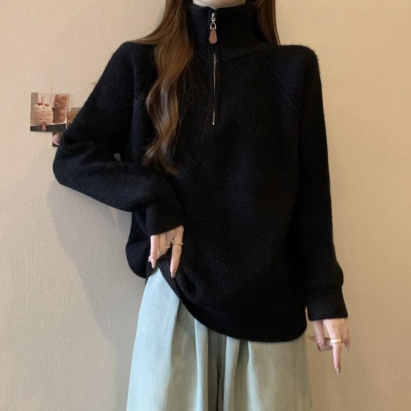 

Мягкий восковой пуловер с полумолнией и высоким воротом для женского осенне-зимнего сезона, новый вязаный свитер с длинными рукавами для полных женщин. One size
