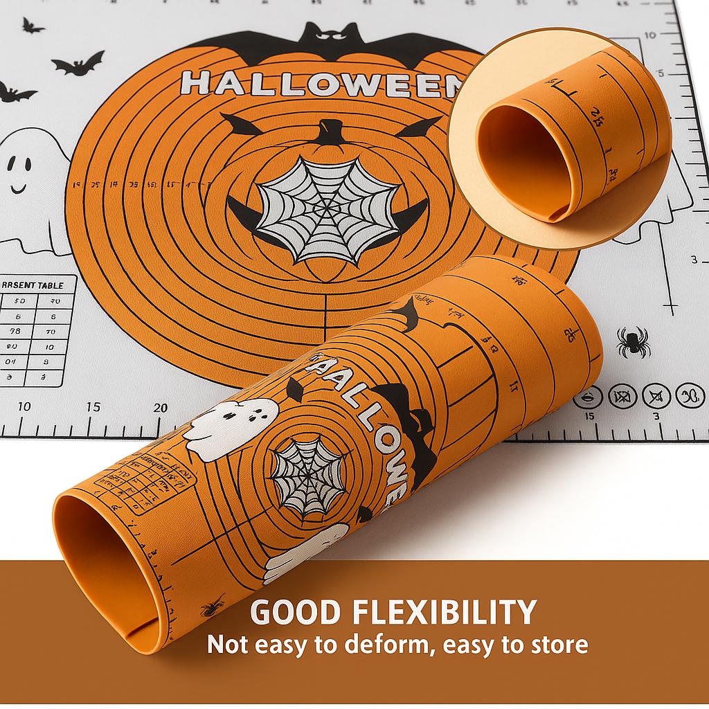 Nepřilnavá silikonová podložka na pečení s měřítkem - na válení těsta, vykrajování vánočního cukroví a pečení halloweenských koláčů - Nezbytná pomůcka na sváteční pečení