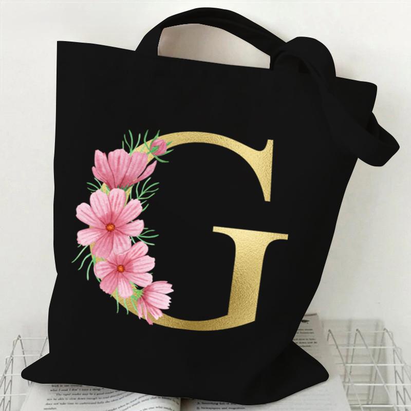 26 Golden Alphabet Floral Tote Bags for Women Large Capacity Canvas Casual New Flower Alphabet Printed Female Reusable Handbag