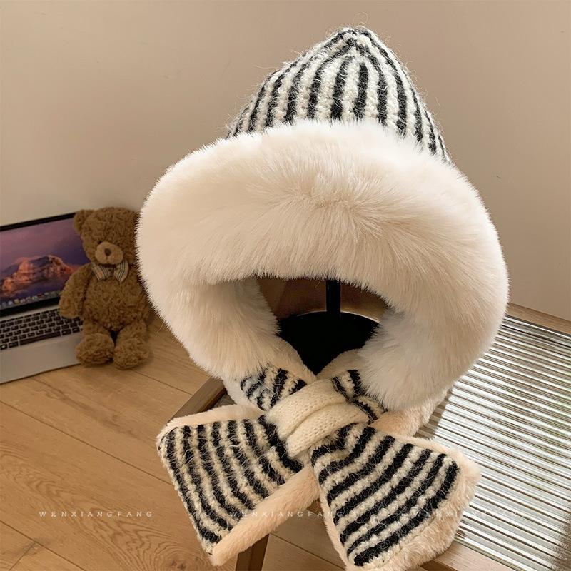 Striped plush hat scarf integrated female winter Korean version showing a small face cycling cold-proof knitted ear protector Lei Feng hat tide