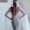 All Over Scattered Pearl Sheer Tulle Bridal Veil, Single Layer Plain Ivory Wedding Veil For Lace Satin Gown Pre-Wedding Elopement Portrait Shoot