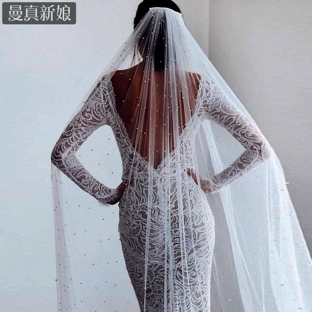 All Over Scattered Pearl Sheer Tulle Bridal Veil, Single Layer Plain Ivory Wedding Veil For Lace Satin Gown Pre-Wedding Elopement Portrait Shoot