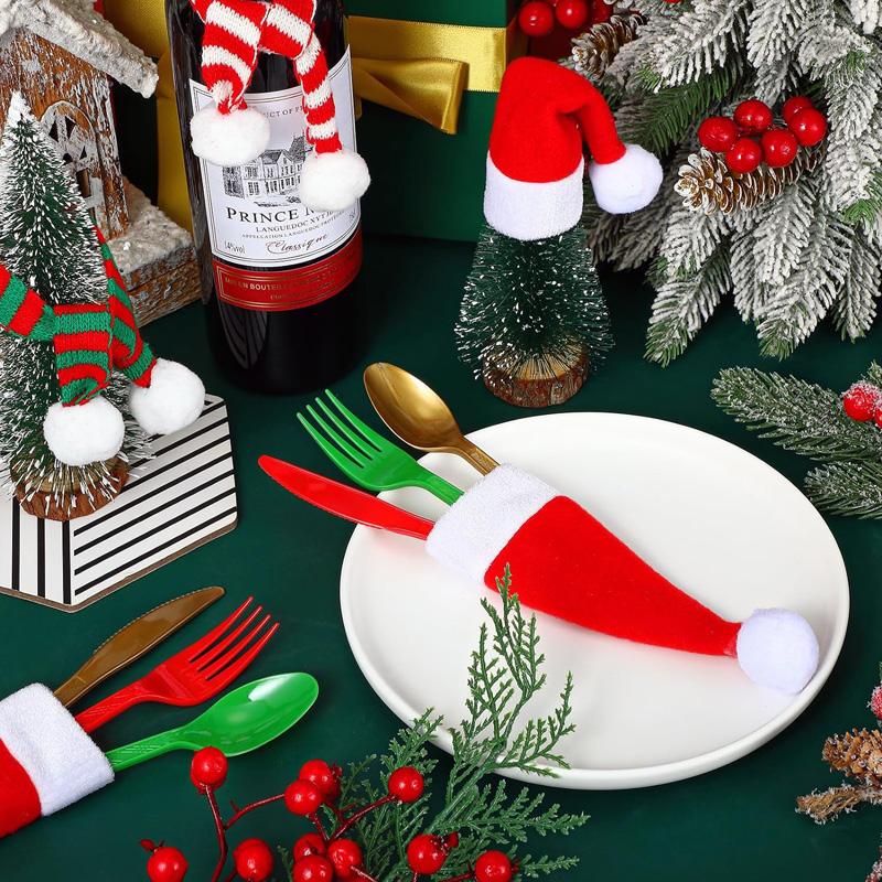 Christmas Tableware Set-Santa Hat Cutlery Bag Holder for Fork Knife Spoon, Holiday Dinner Party Decor, Xmas Home Kitchen Acces
