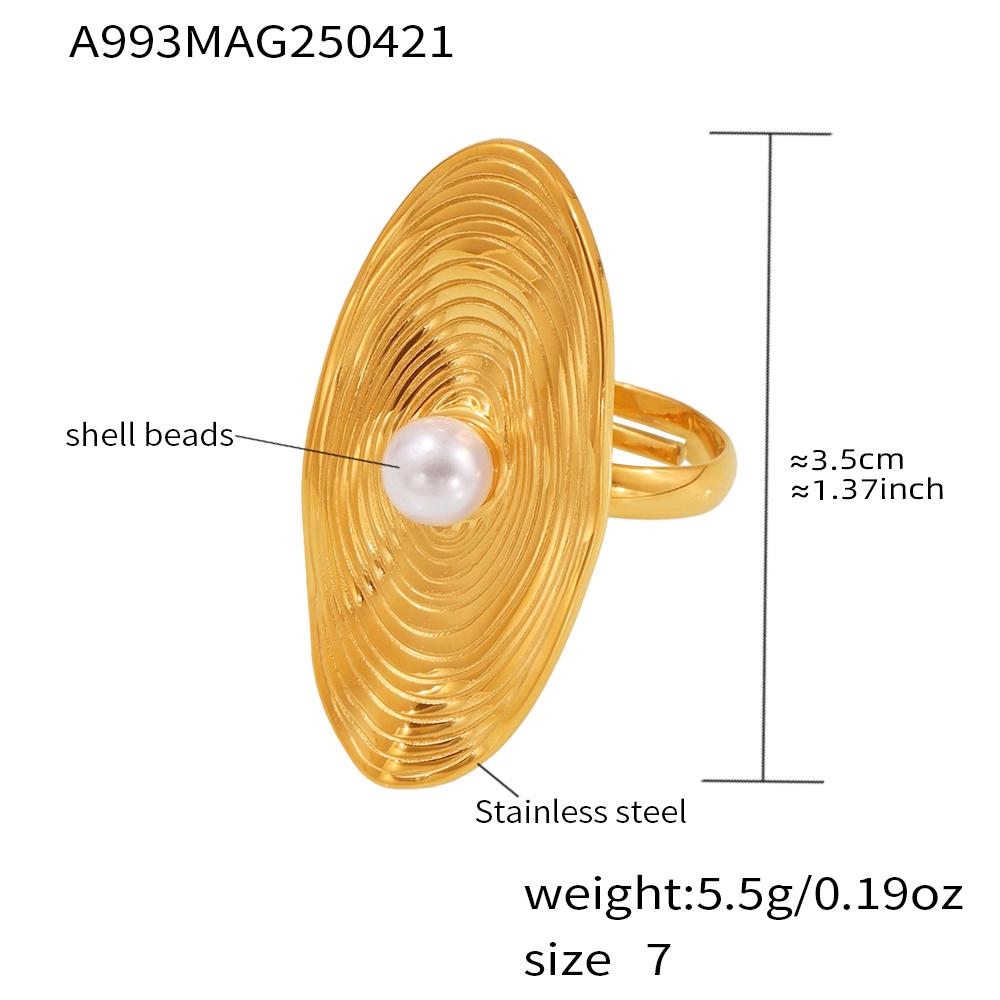 Adjustable Stainless Steel Chunky Rings For Women 18k Gold Plated With Shell Bead Waterproof No Tarnish Women's Large Oval Ring