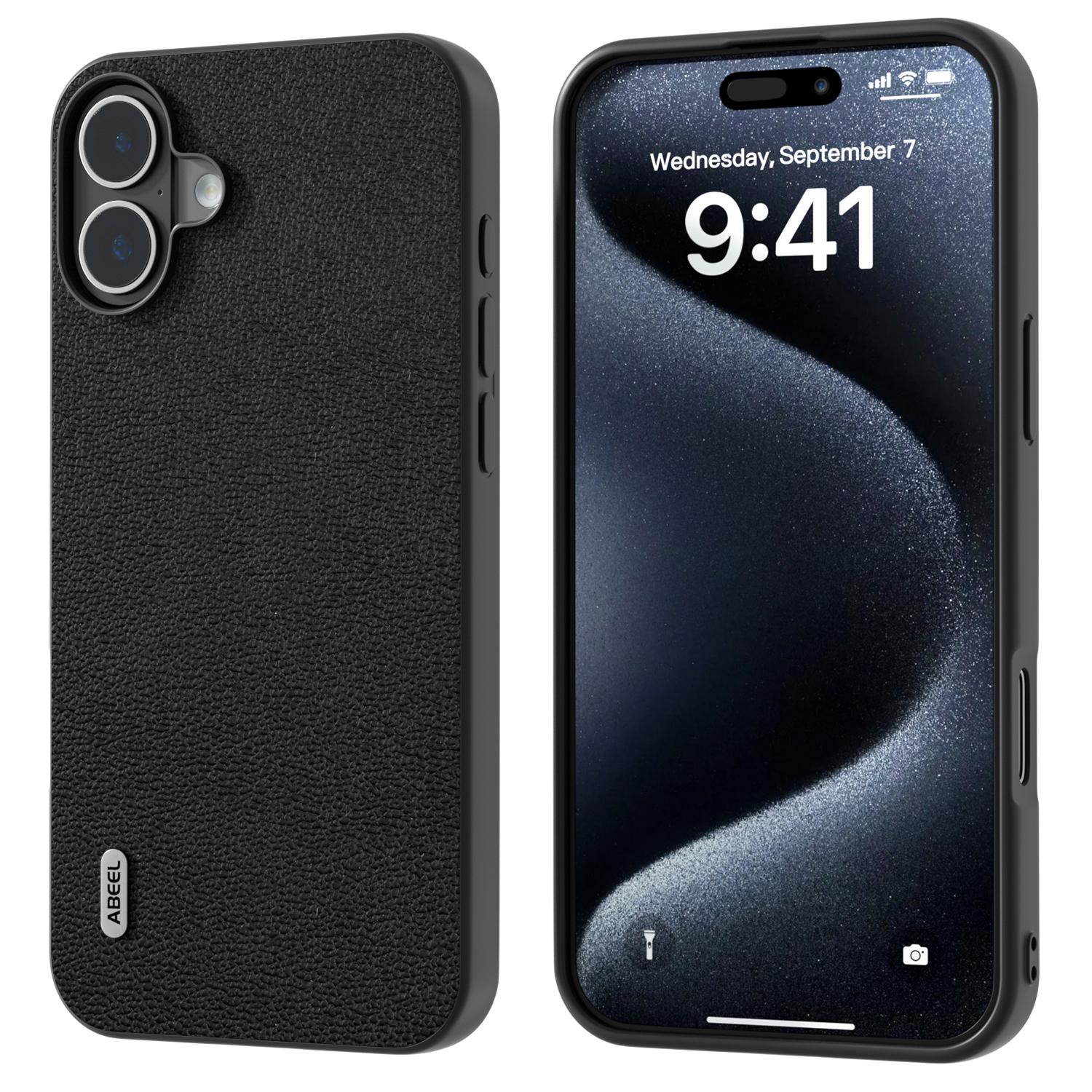 

ABEEL For iPhone 16 Case Genuine Cow Leather+PC+TPU Anti-Scratch Phone Cover