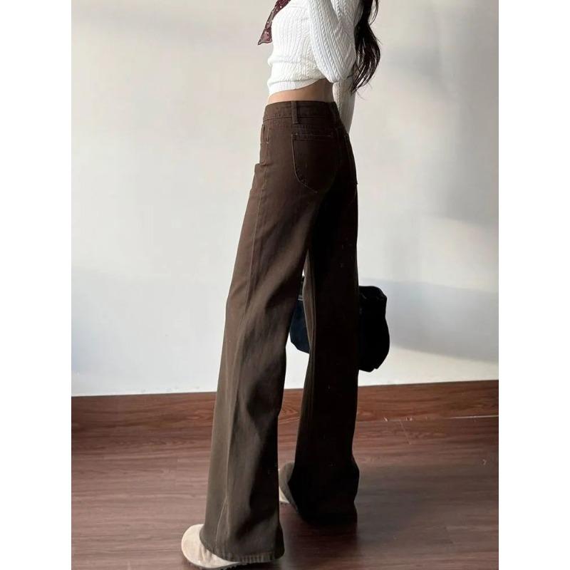 Retro Coffee-colored Slightly Pulled Jeans for Women's Autumn Low-rise Without Sticking To the Legs, Thin and Versatile Straight-leg Floor Pants