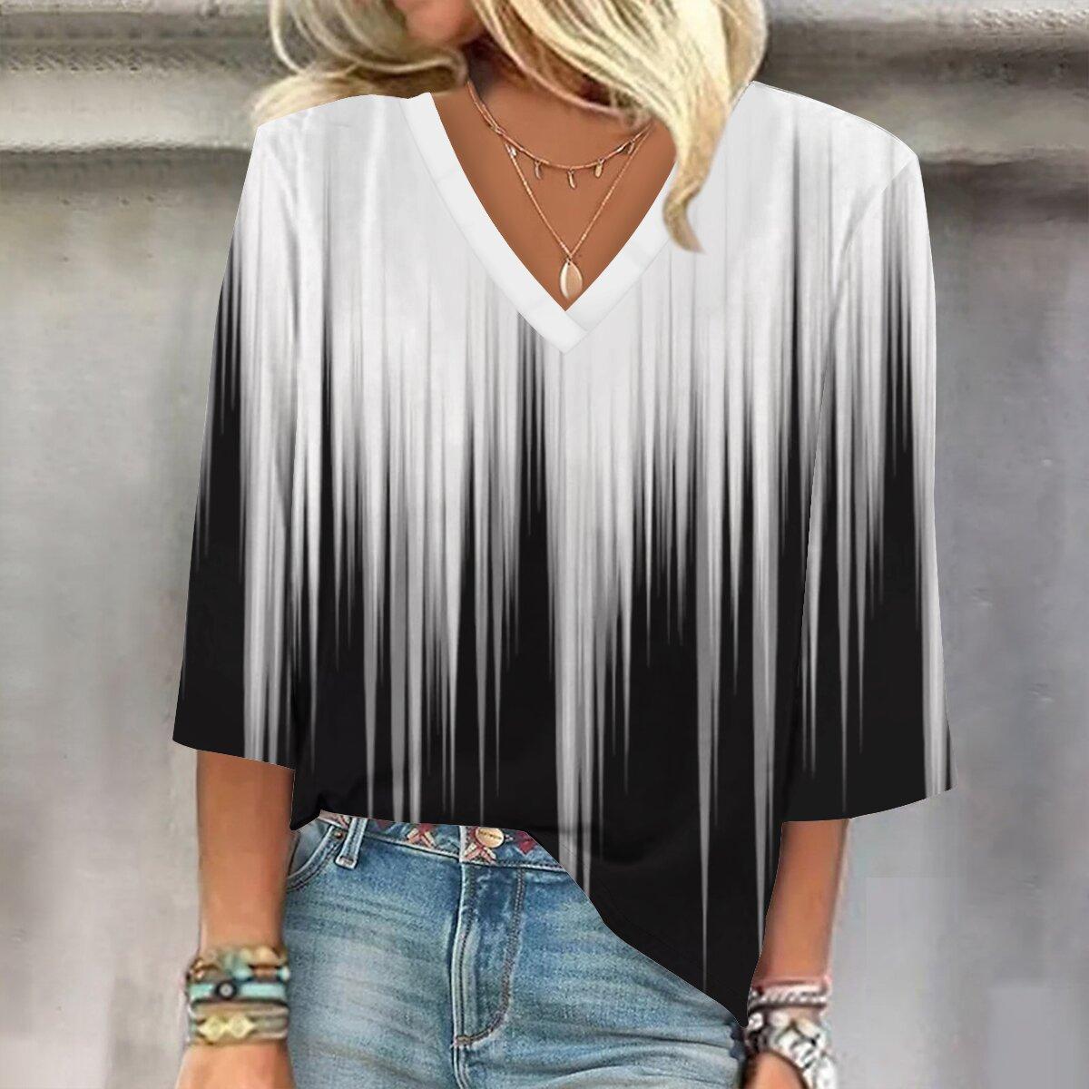 

2023 Sping и осень Новая мода Женский повседневный топ с V-образным вырезом с рукавом 3/4 с принтом