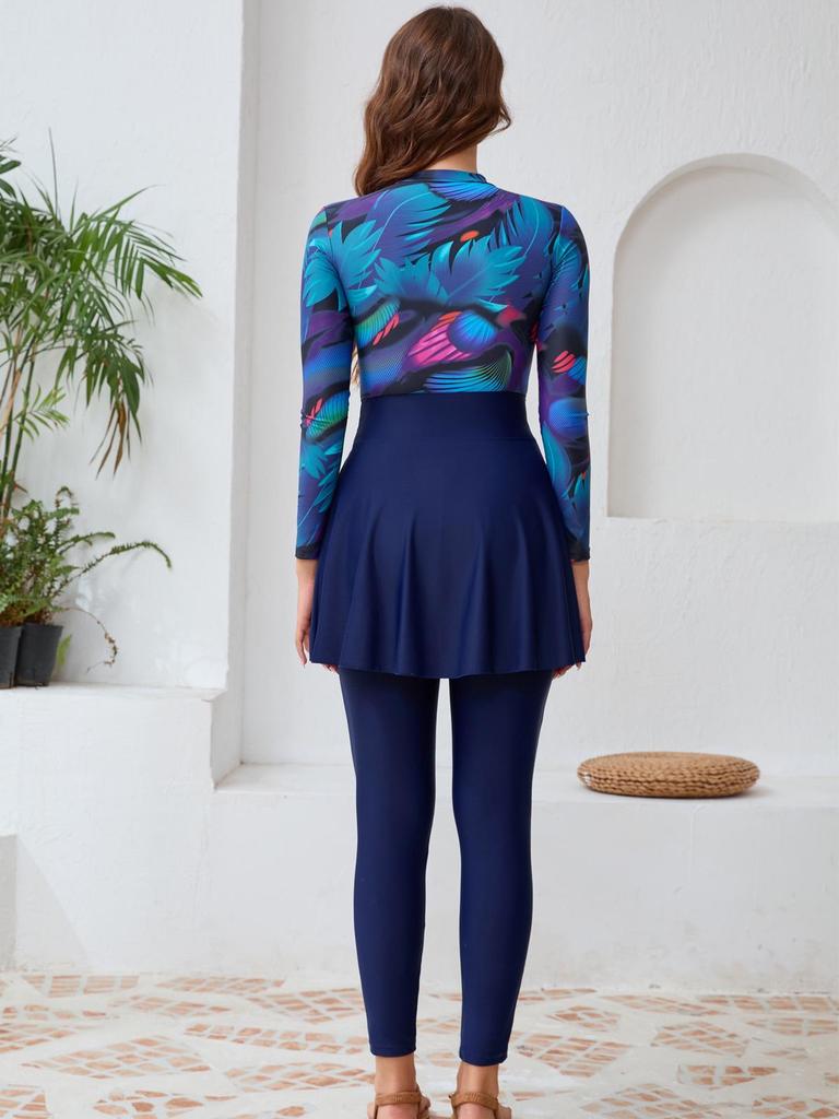 2024 4-Piece Muslim Swimwear Set: Long Sleeve, Print Design, Chest Pad, Hat & Skirt.