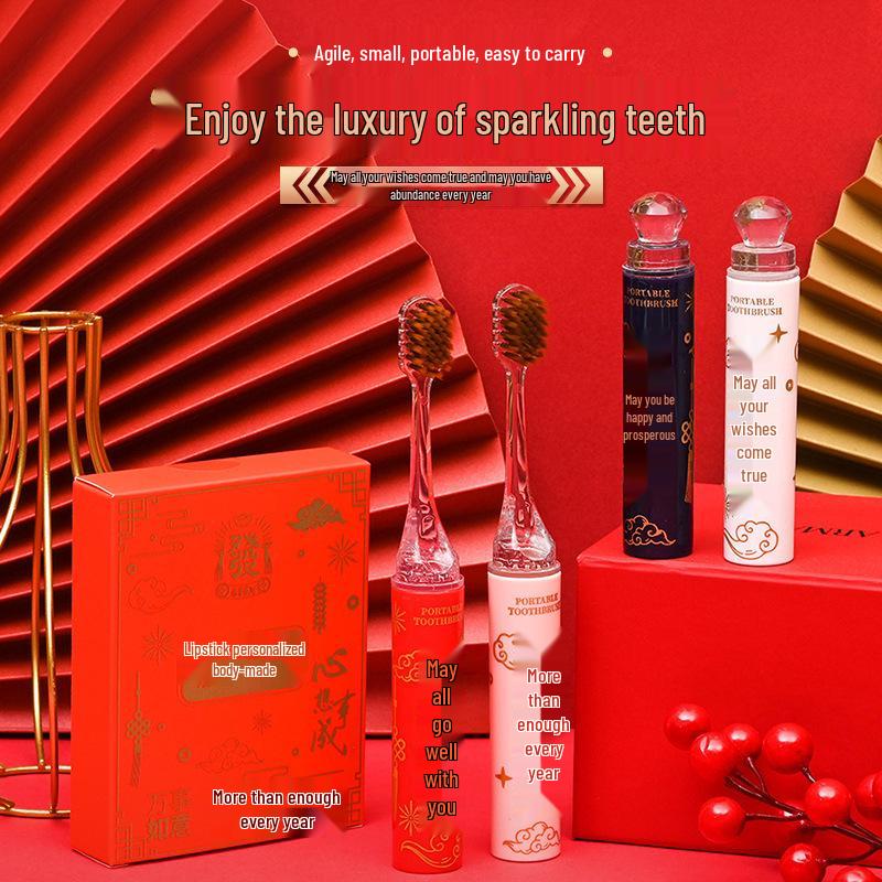 National Trend Lipstick-Style Folding Toothbrush Set: 4-Piece Soft Bristle Gift Box for New Year Luck and Joy