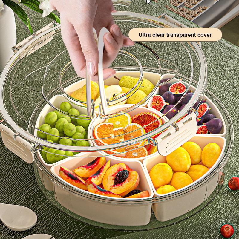 Mit Griff Sechsgeteiltes, drehbares Obsttablett Versiegeltes, feuchtigkeitsbeständiges Trockenobsttablett Tragbare, moderne, runde Snackbox für zu Hause mit Deckel