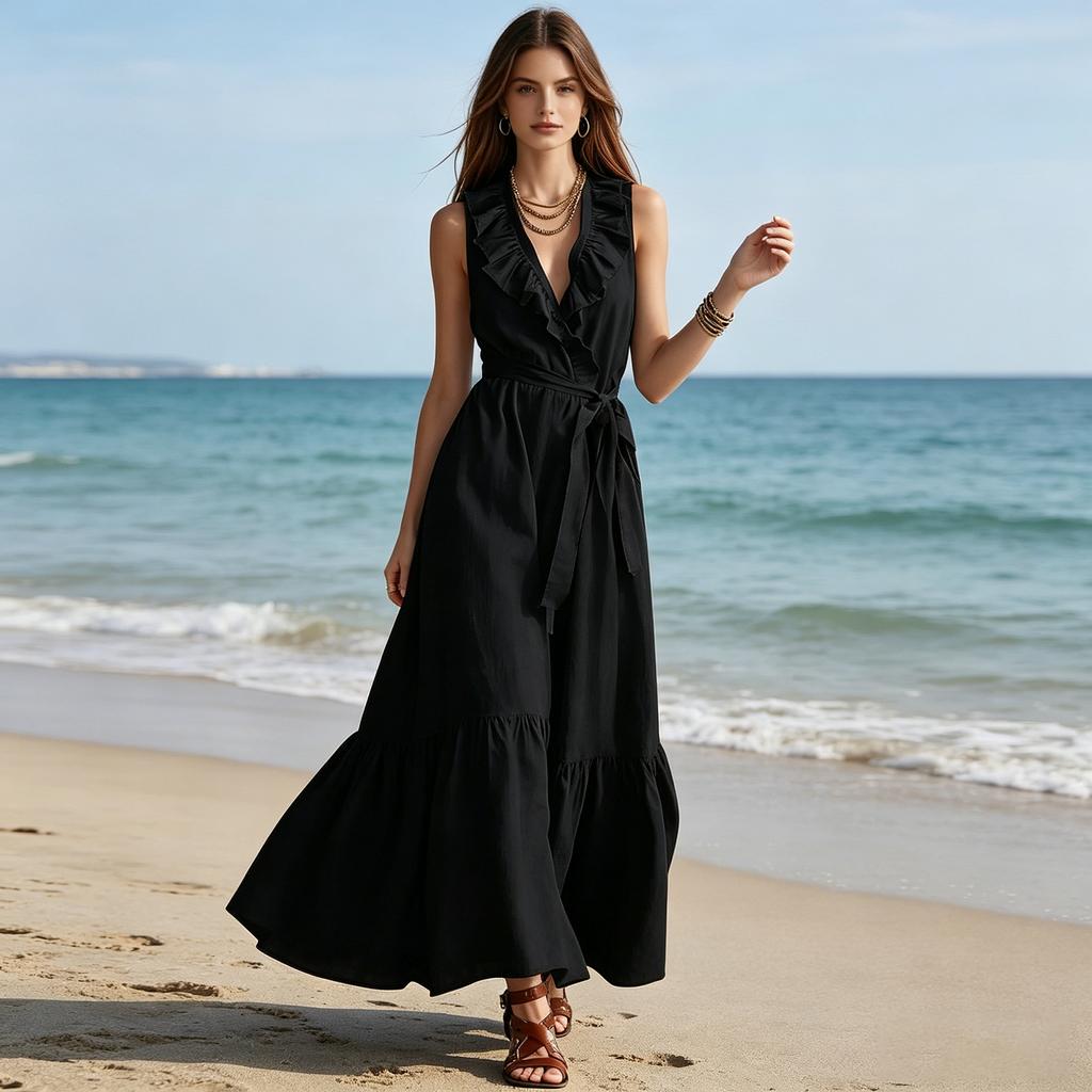 Women's Sleeveless V Neck Ruffle Trim Tie Waist Patchwork Maxi Dress Casual Loose Fit Summer Dress