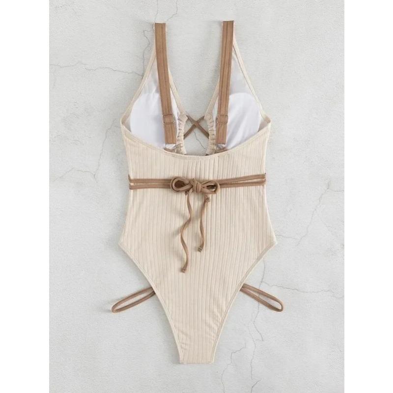 Jednoczęściowy Strój Kąpielowy Kąpielówki Damskie Jednolity Prążkowany Pusty Tył Skrzyżowane Ramiączka Odzież Plażowa Strój Kąpielowy Banadores Mujer