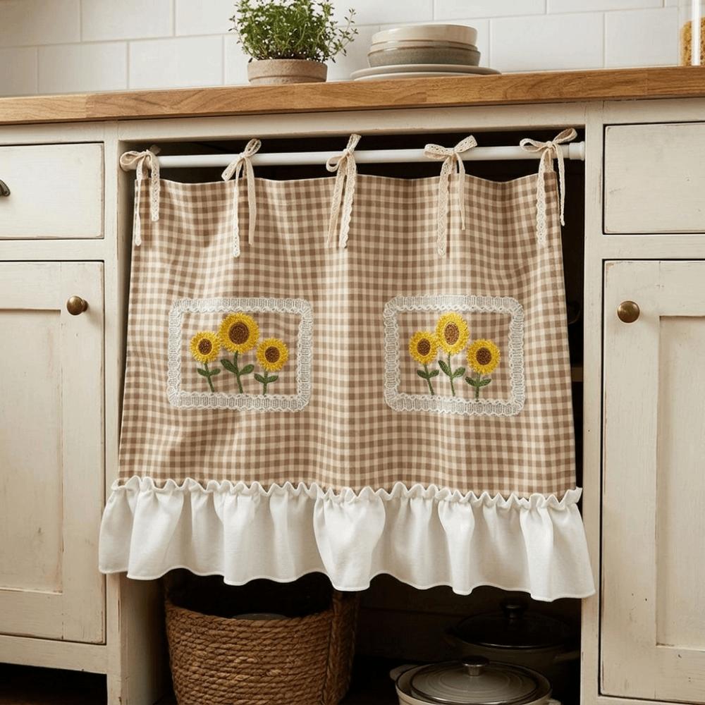 Ruffled Trim Oven Cover Curtain Gingham Plaid Cabinet Curtain Oven Door
