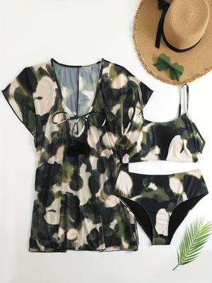 2026 European & American Plus Size 3-Piece Split Bikini Set with Mesh Cover-up.